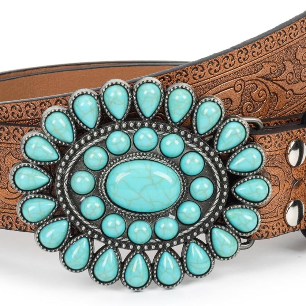 Women Western-Belts Rhinestone-Cowboy-Cowgirl Embossed Floral Pu Leather Bling-D - Picture 1 of 7